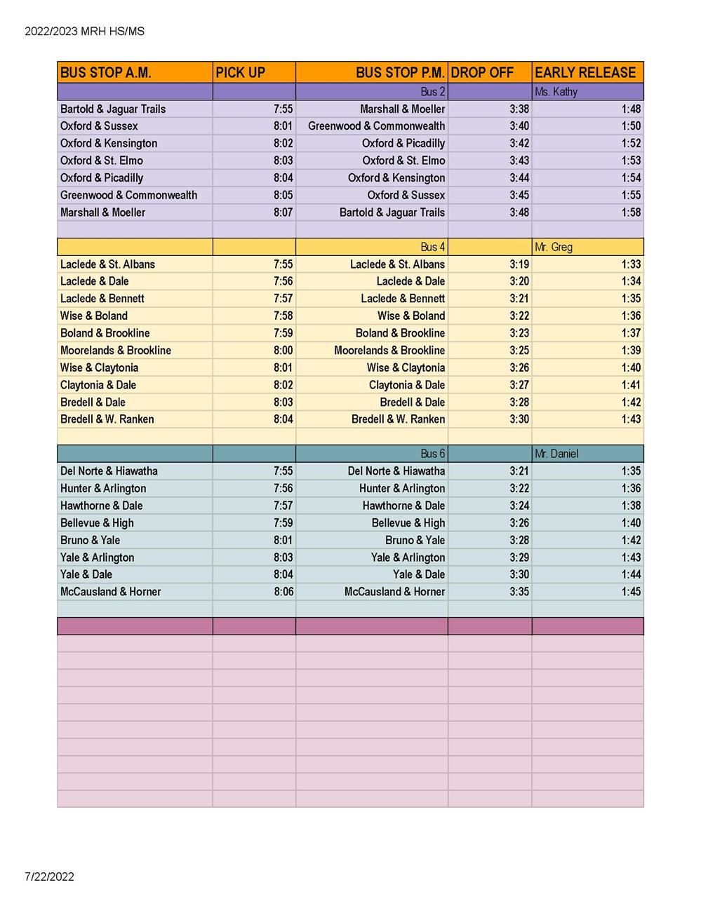 MRH High/Middle School Bus Schedules